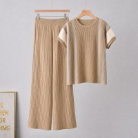 New pleated color-block loose fashion casual T-shirt with long wide-leg knit pants set