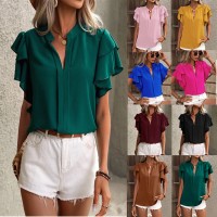 2026 Summer New Women Solid V Neck T-Shirt Ruffle Flounce Sleeve Simple Casual Slim Fit Basic Tops European Popular All Match Blouse