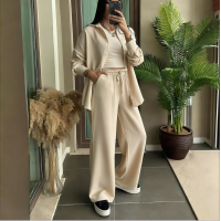 2026 Spring New Women Two Piece Outfit Elegant Faux Linen Shirt Set Plus Size High Waist Loose Wide Leg Pants European Casual Matching Suit